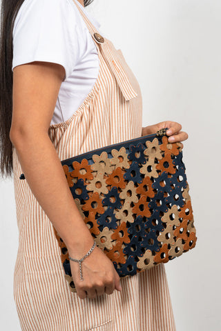 The Daisy Interlocking Leather Clutch Large Blue and Brown 5
